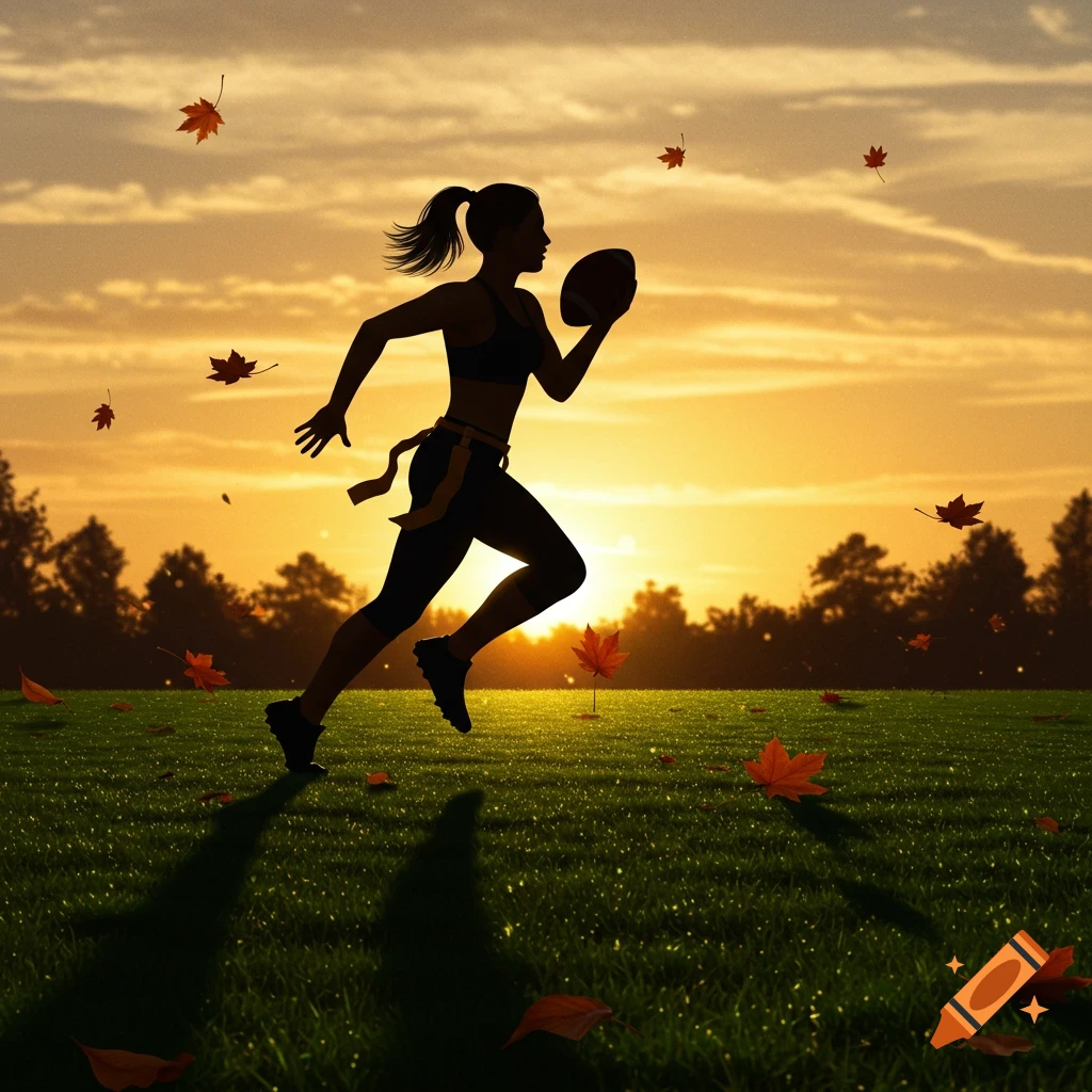 Silhouette of a woman playing flag football, running across a grassy field with autumn leaves at sunset.