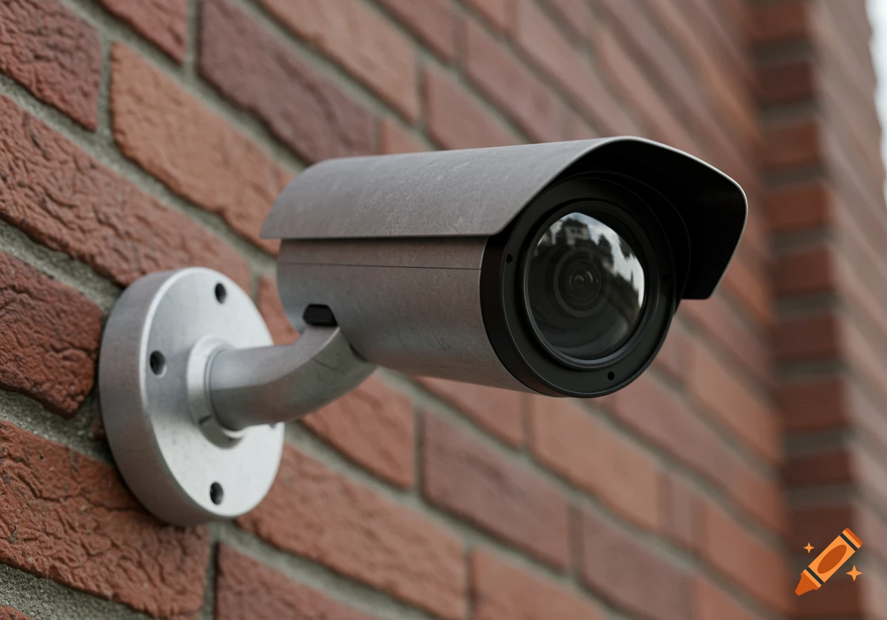 A close-up, photorealistic shot of a grey security camera mounted on a red brick wall.