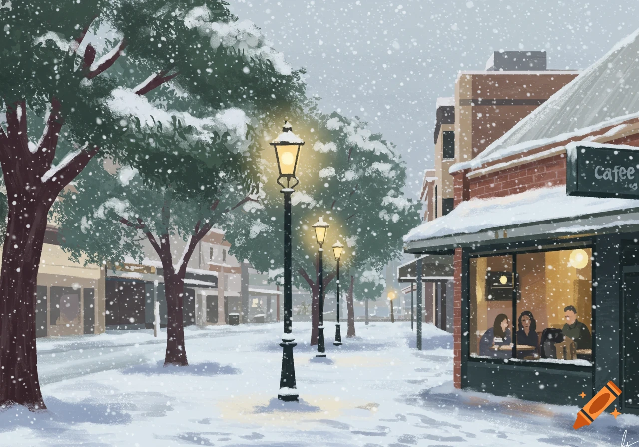 A snowy street scene with a cafe on the right, trees covered in snow, and illuminated streetlights. People are visible inside the warm-looking cafe.