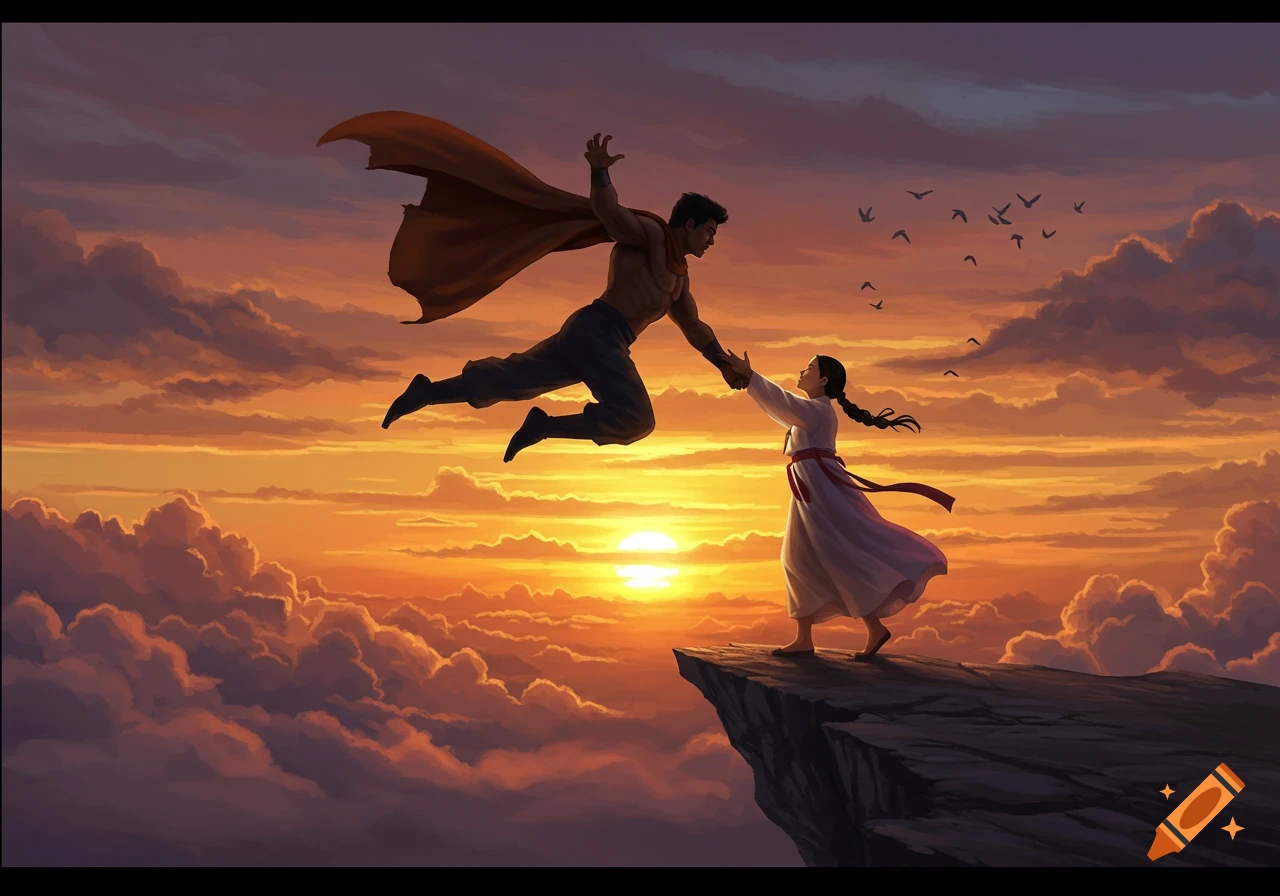 A superhero-like man flies toward a woman on a cliff, reaching for her hand amidst a dramatic sunset over clouds.