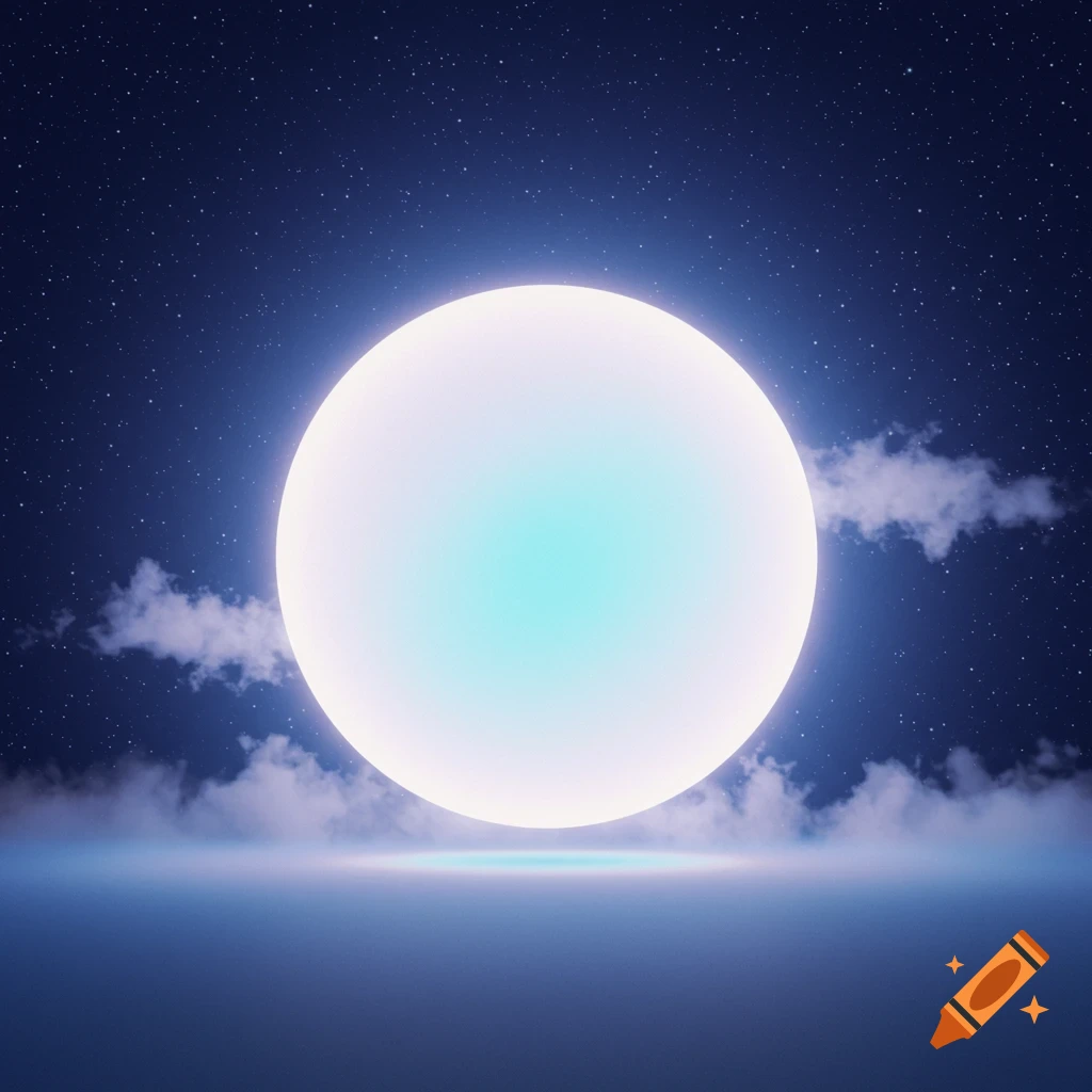 A large, glowing light blue and white sphere floats above a reflective dark surface under a starry night sky with wispy clouds.