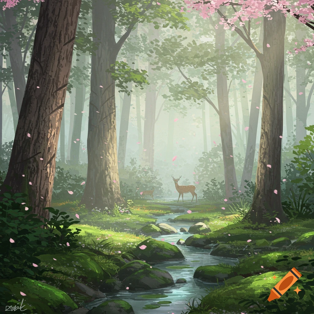A vibrant, misty forest scene with a stream, mossy rocks, tall trees, and falling pink cherry blossoms. Two deer stand in the sunlit clearing.