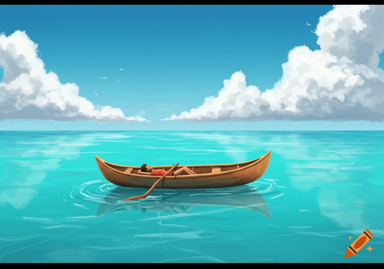 A person relaxing in a wooden canoe on a calm, turquoise ocean under a bright blue sky with white clouds, in an illustrative style.