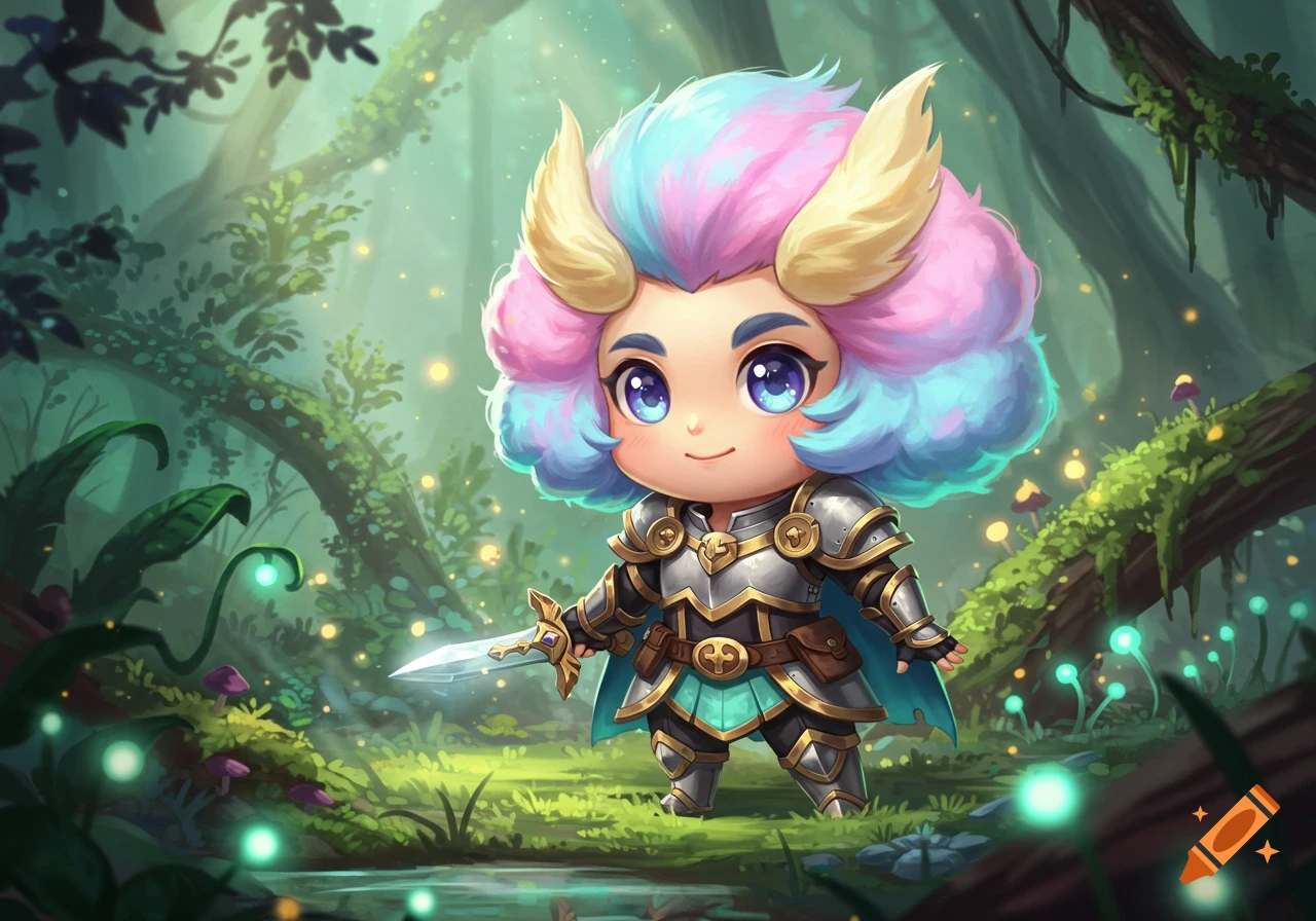 A cute chibi-style character with pink and blue hair, wearing silver armor and holding a sword, stands in a magical glowing forest.