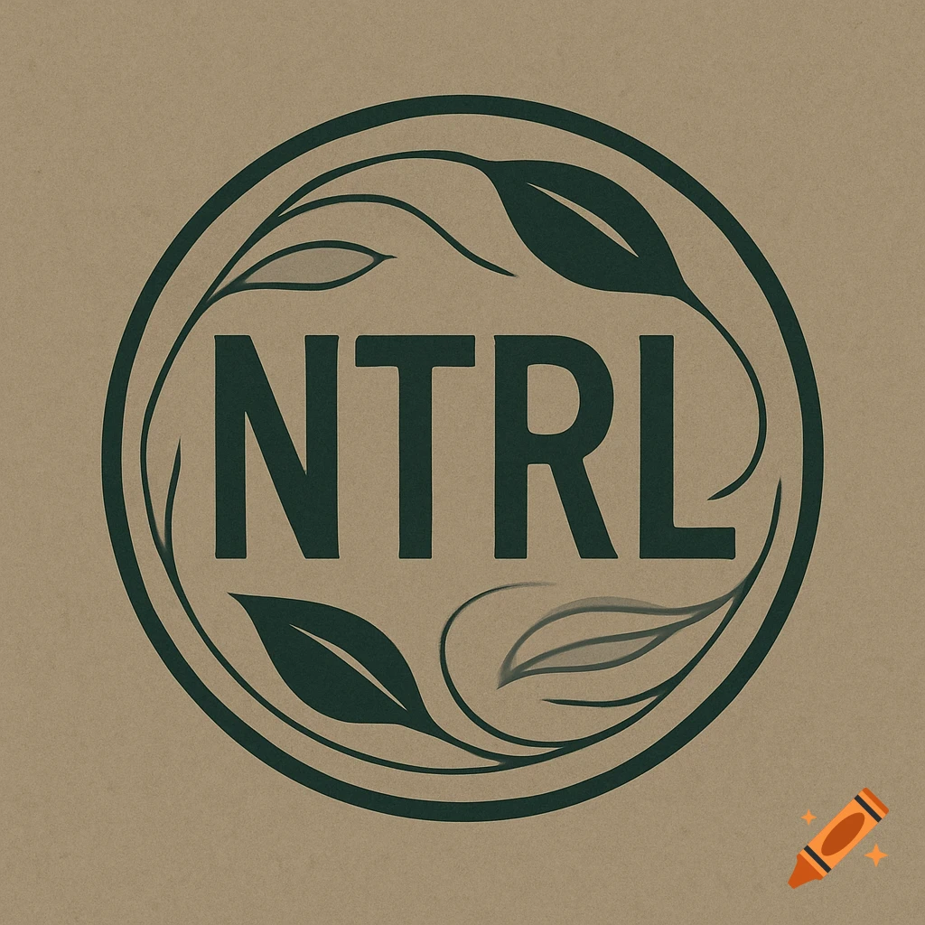 A circular logo for NTRL in dark green on a light brown background, featuring stylized leaves and vines.