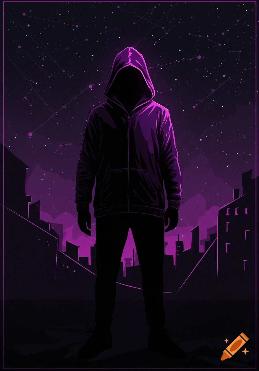 A stylized hooded figure stands in a dark city silhouette against a starry purple night sky.