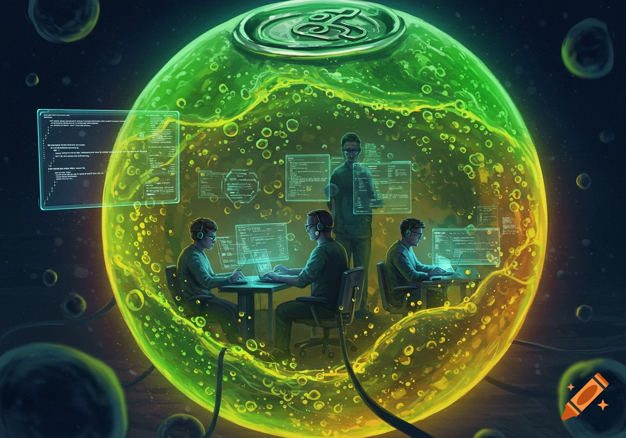 Software engineers work on laptops within a glowing green liquid orb, resembling a giant soda can, surrounded by bubbling particles and floating data screens in a dark, cosmic setting.