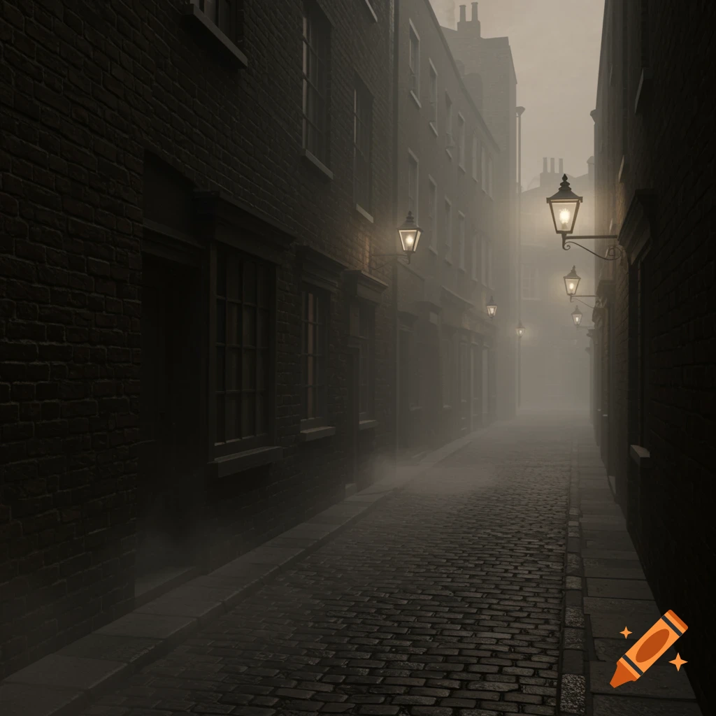 A dark, foggy, cobbled alleyway lined with old brick buildings, illuminated by glowing gas lamps.