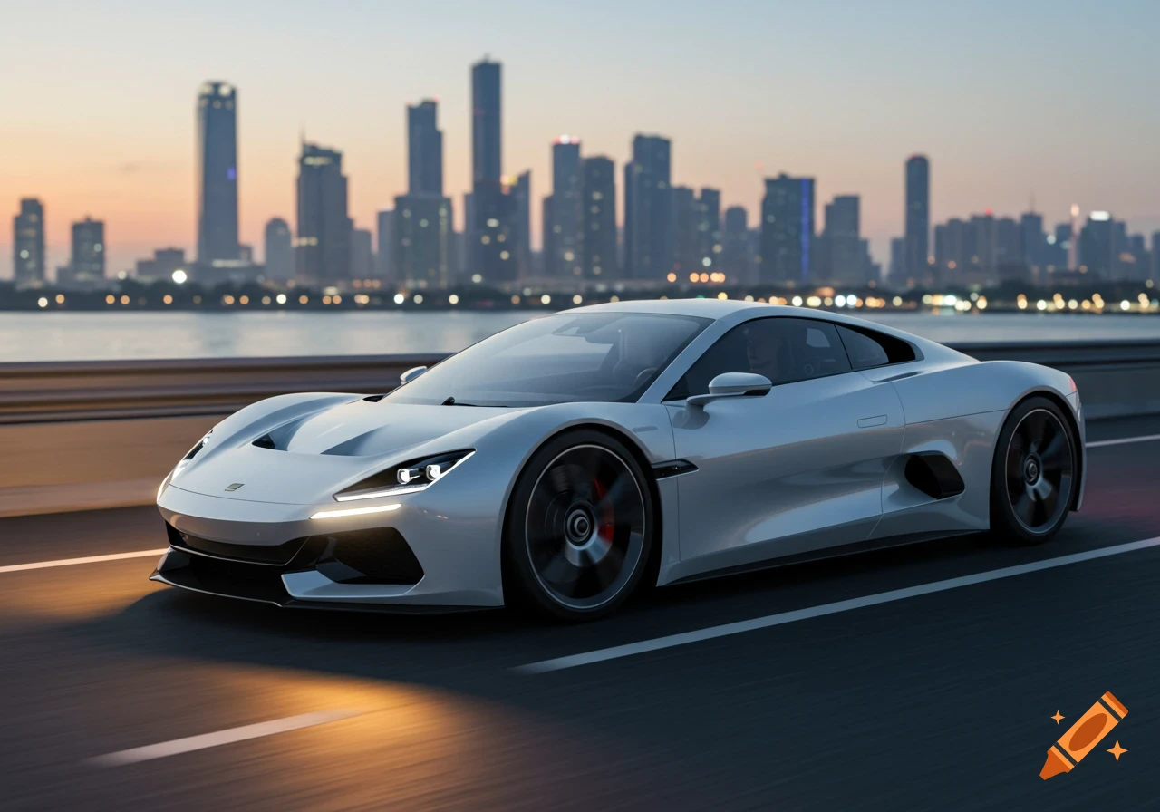 A sleek white supercar drives on a road with a city skyline and water at sunset in the background.