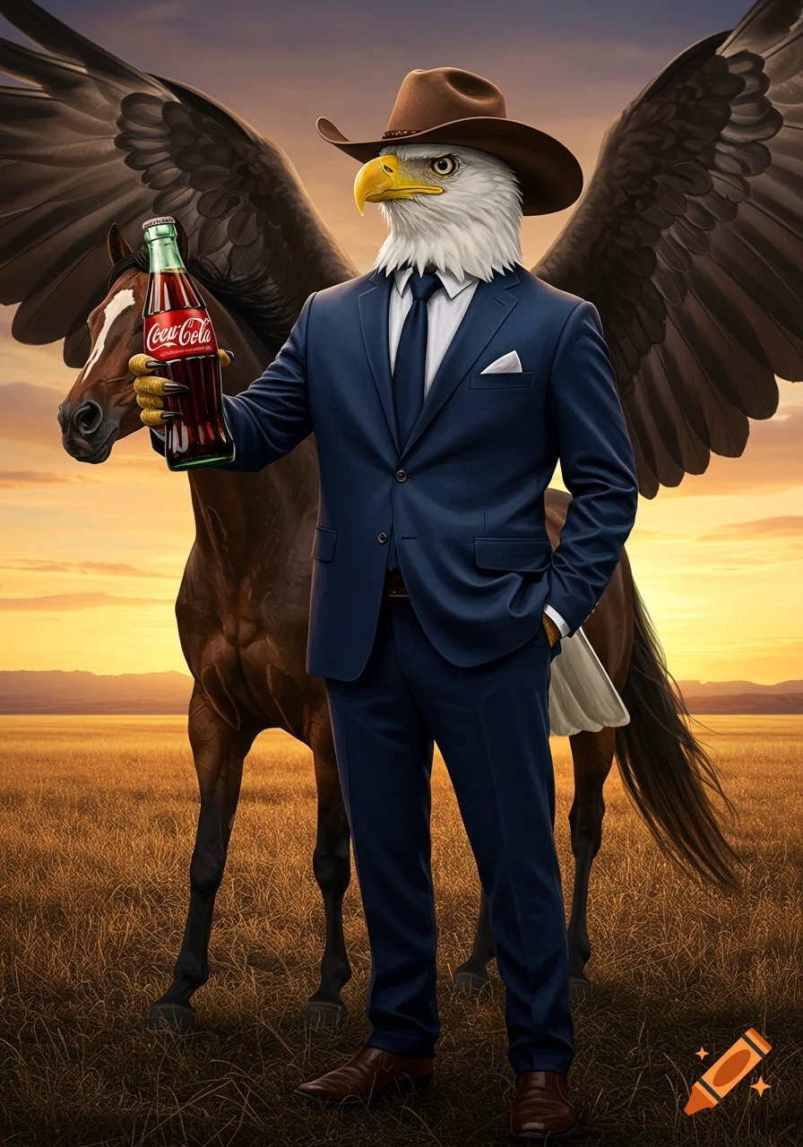 Photorealistic image of a bald eagle in a suit and cowboy hat holding a Coca-Cola bottle, standing next to a horse in a sunset field.