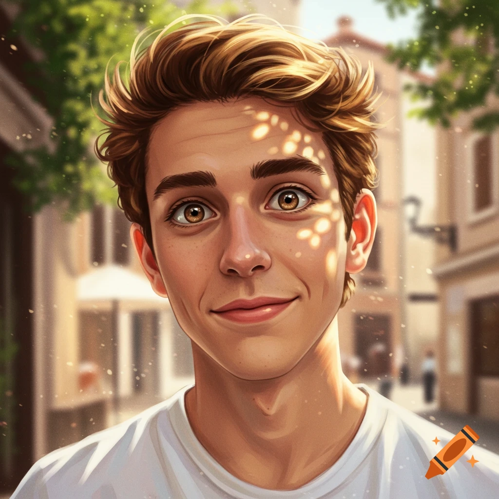 A close-up, stylized portrait of a young man with brown eyes and wavy brown hair, smiling in dappled sunlight outdoors.