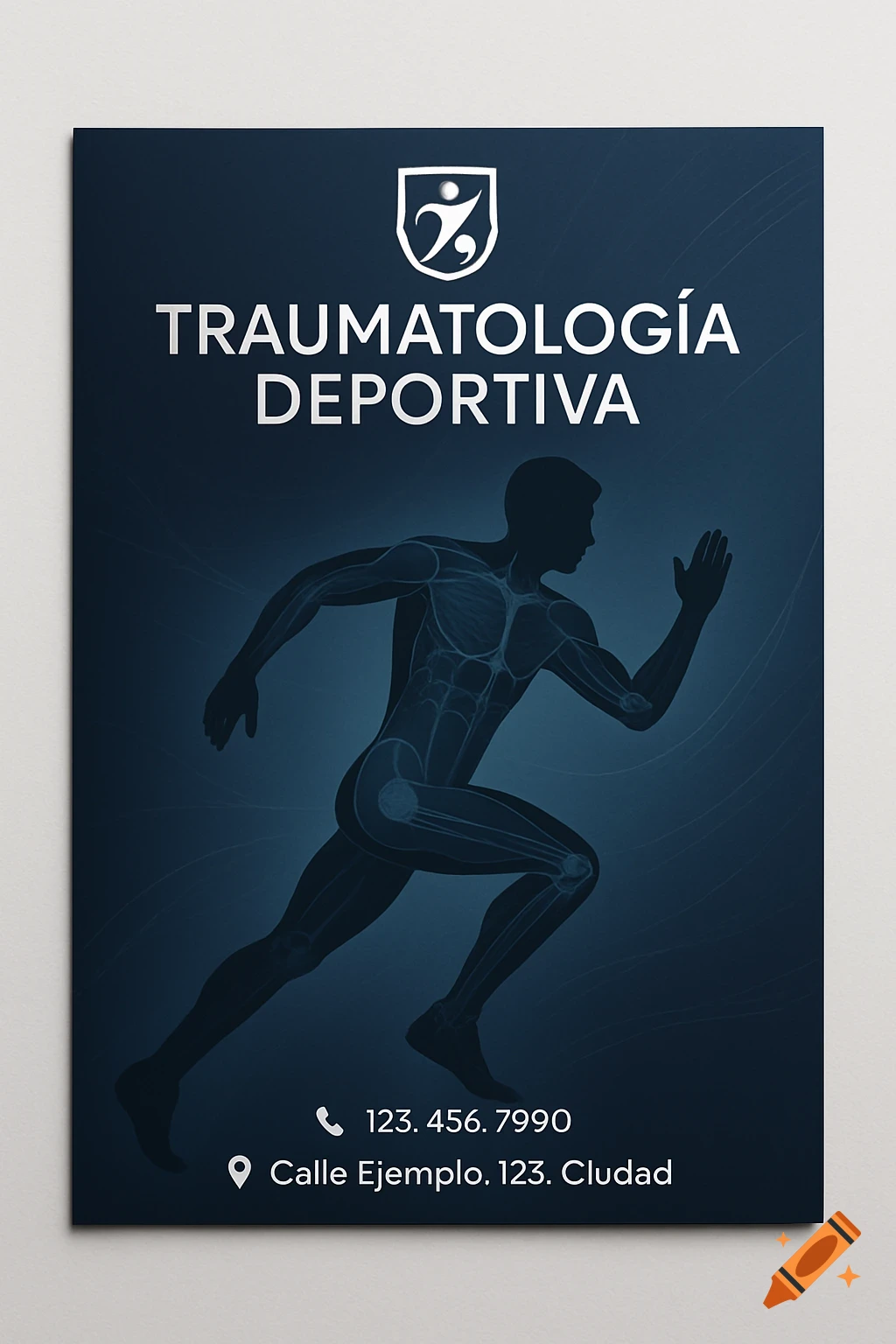 Navy blue flyer for sports traumatology featuring a runner's silhouette with internal bone structure, contact details.