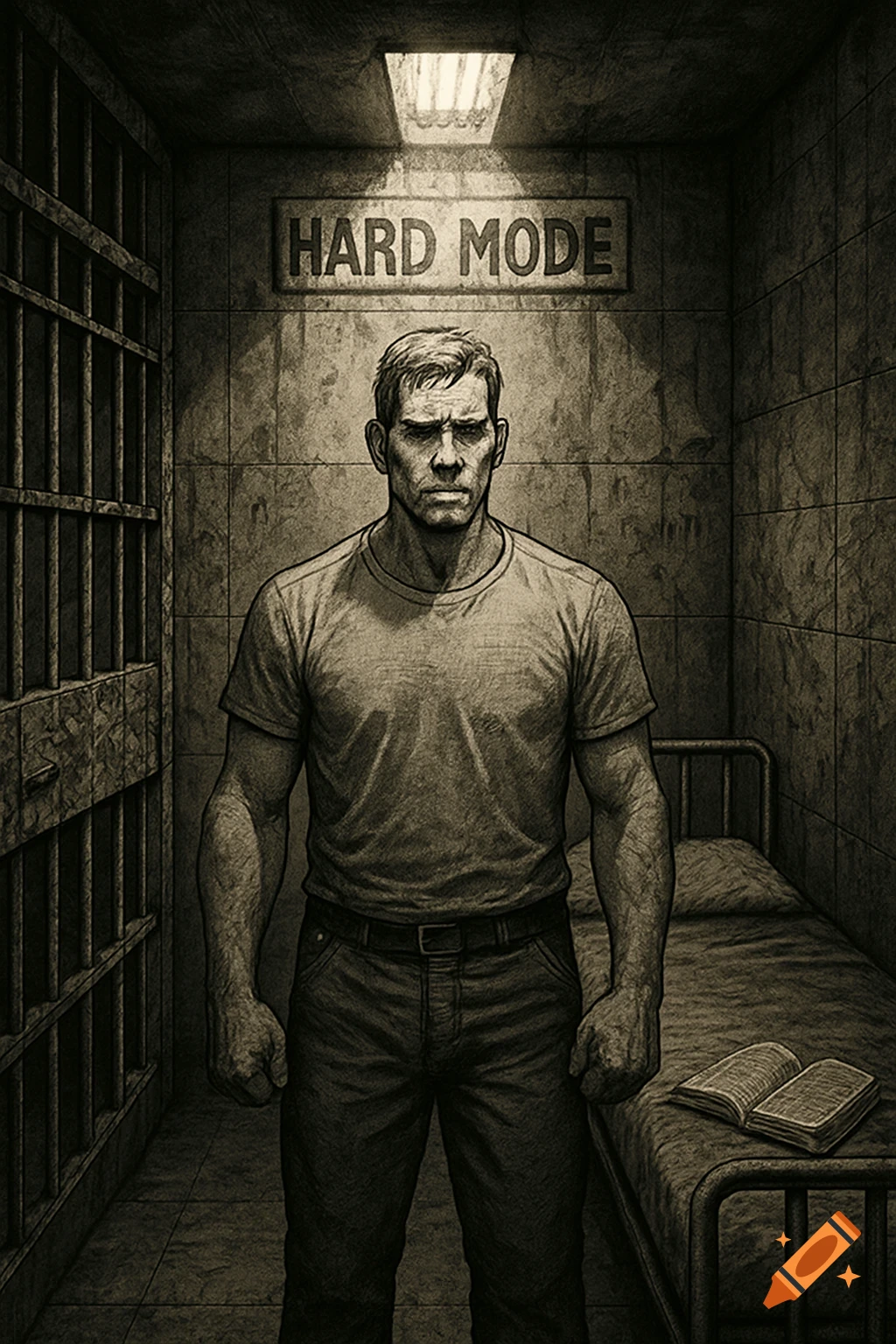 A stern man stands in a dimly lit prison cell, a sign above him reads 'HARD MODE' in a detailed monochrome illustration.