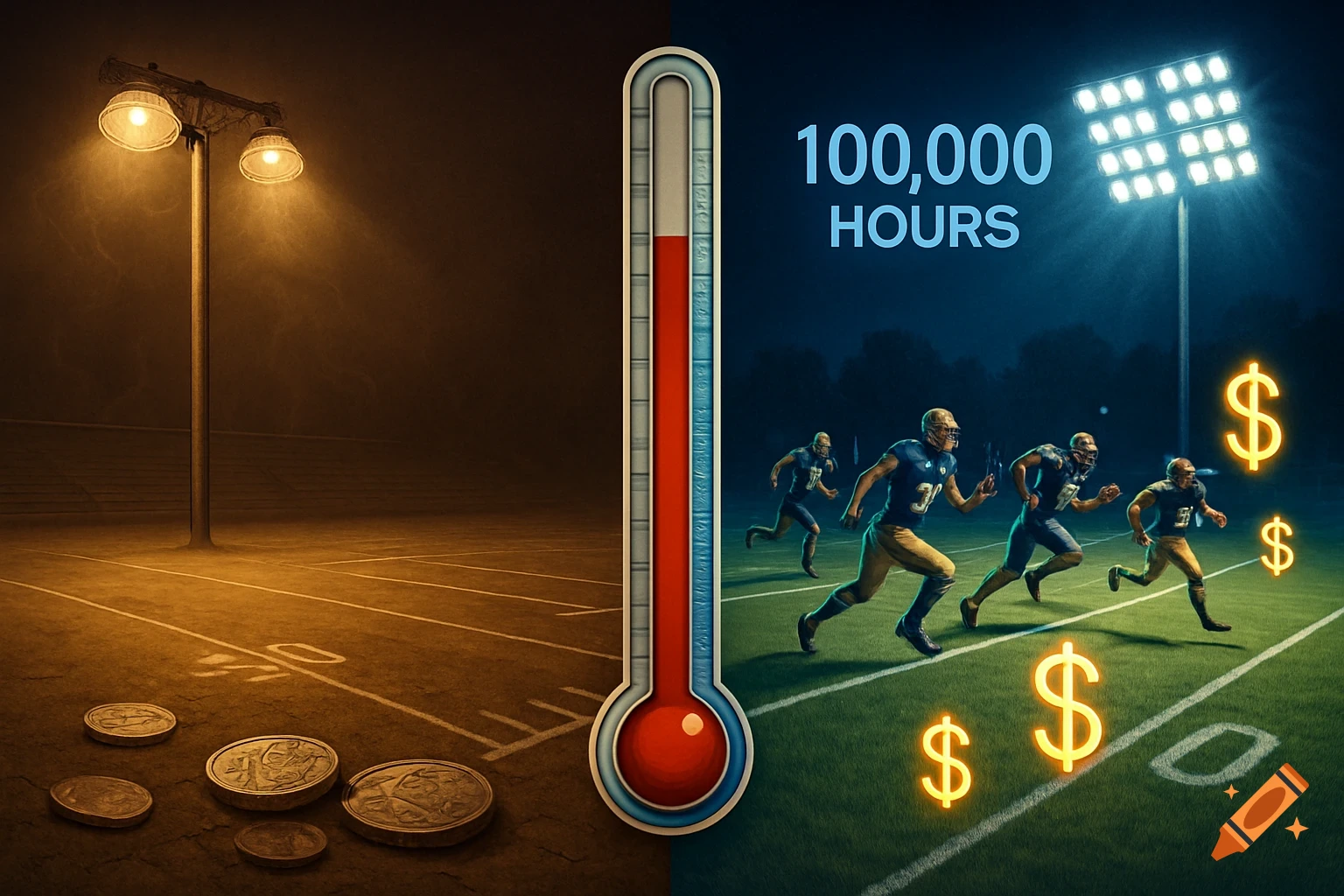 A split image of a football field comparing old and new technology. Left side is dim with an old street light and coins, while the right side is brightly lit with stadium lights, football players running, glowing dollar signs, and the text "100,000 HOURS".
