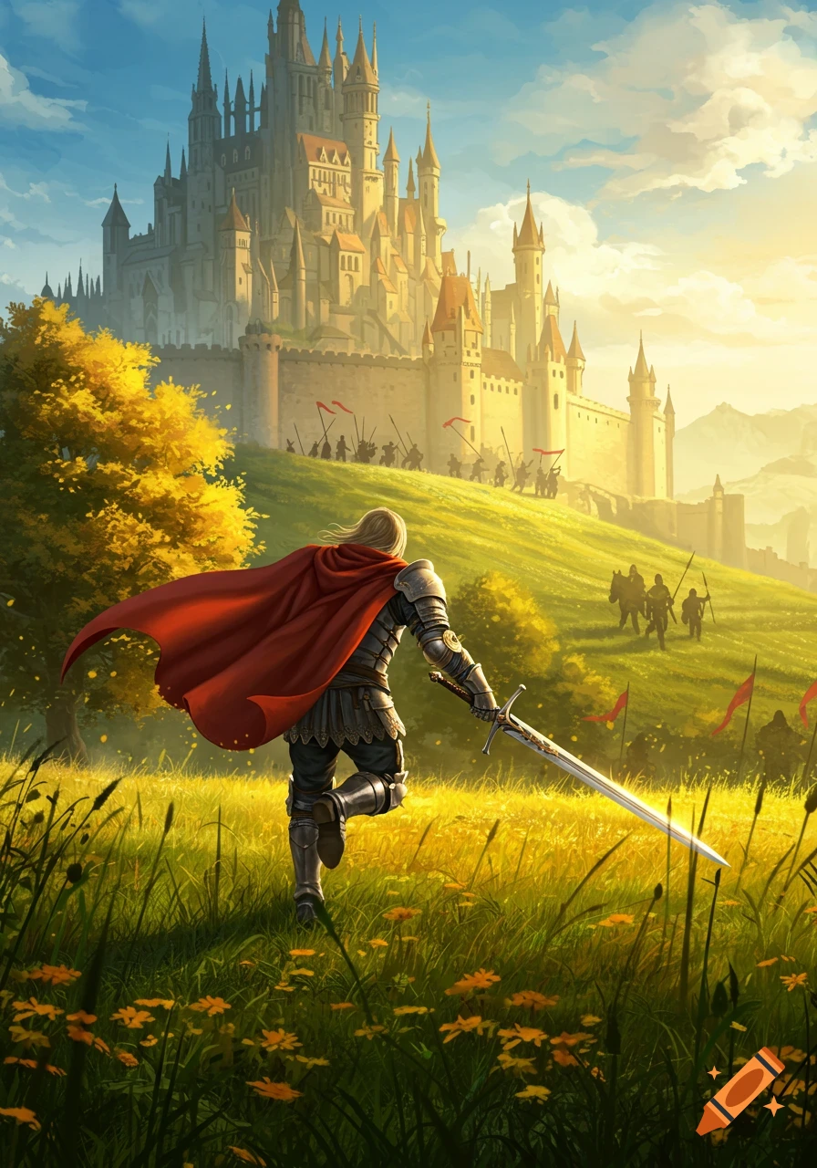 A fantasy swordsman in armor and a red cape runs through a field towards a large castle, with soldiers in the distance.