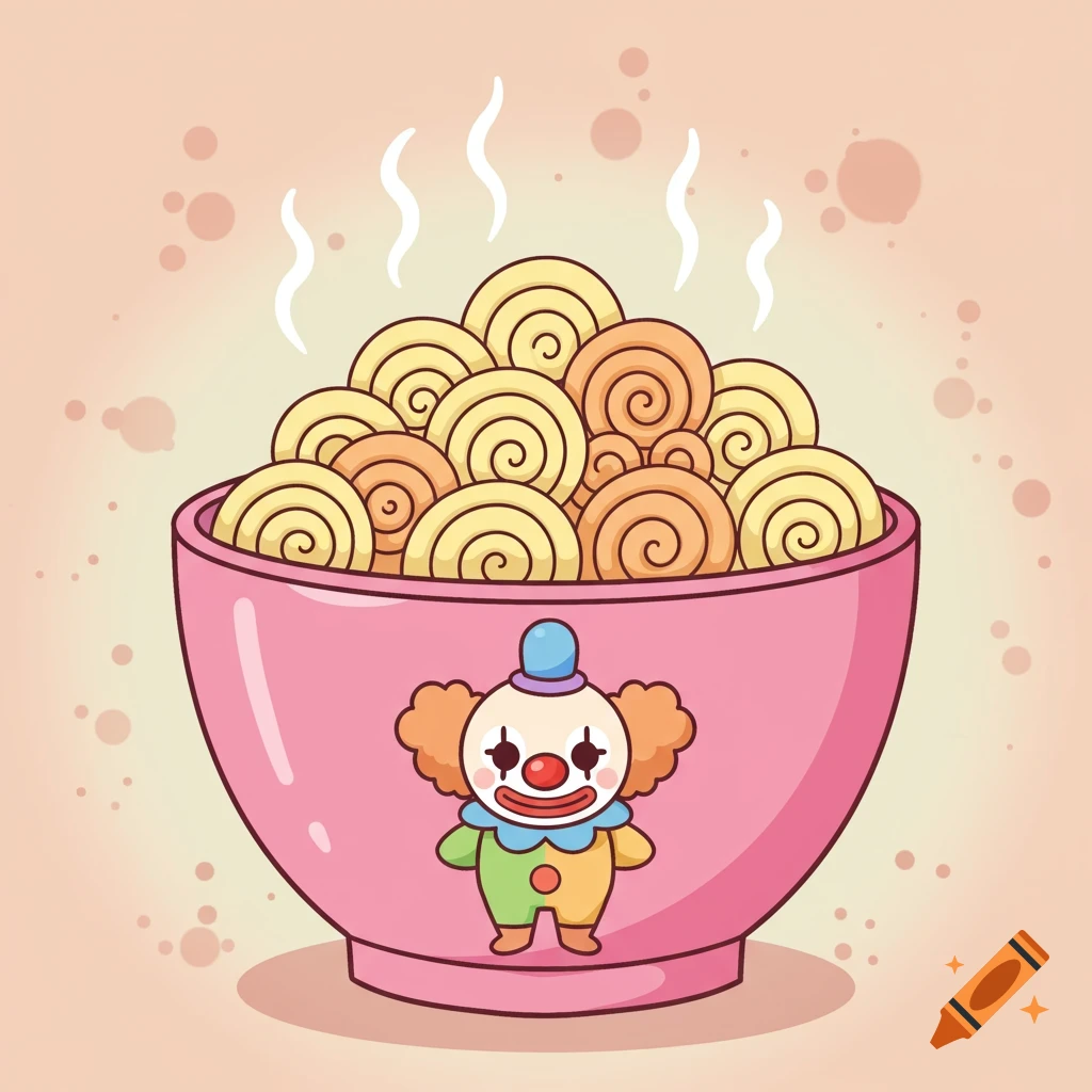 A cute cartoon clown is on a pink bowl filled with steaming spiral noodles.