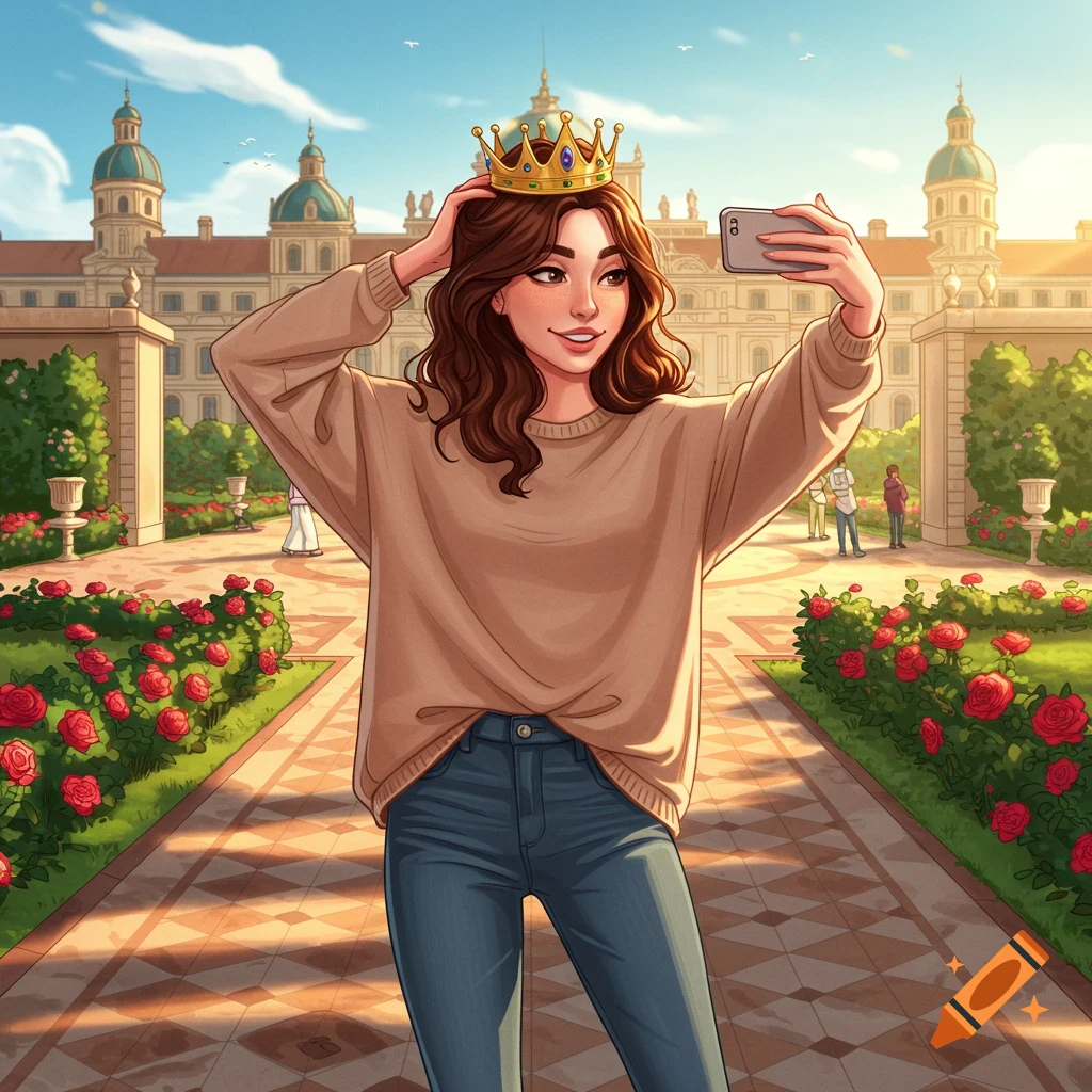An illustrated princess in casual clothes takes a selfie in a rose garden outside a large castle.