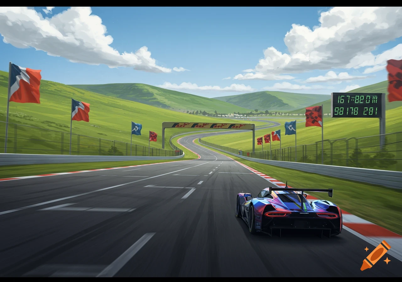 A vibrant, colorful racing car drives along a winding track through green hills under a blue sky with white clouds. A scoreboard shows numbers.