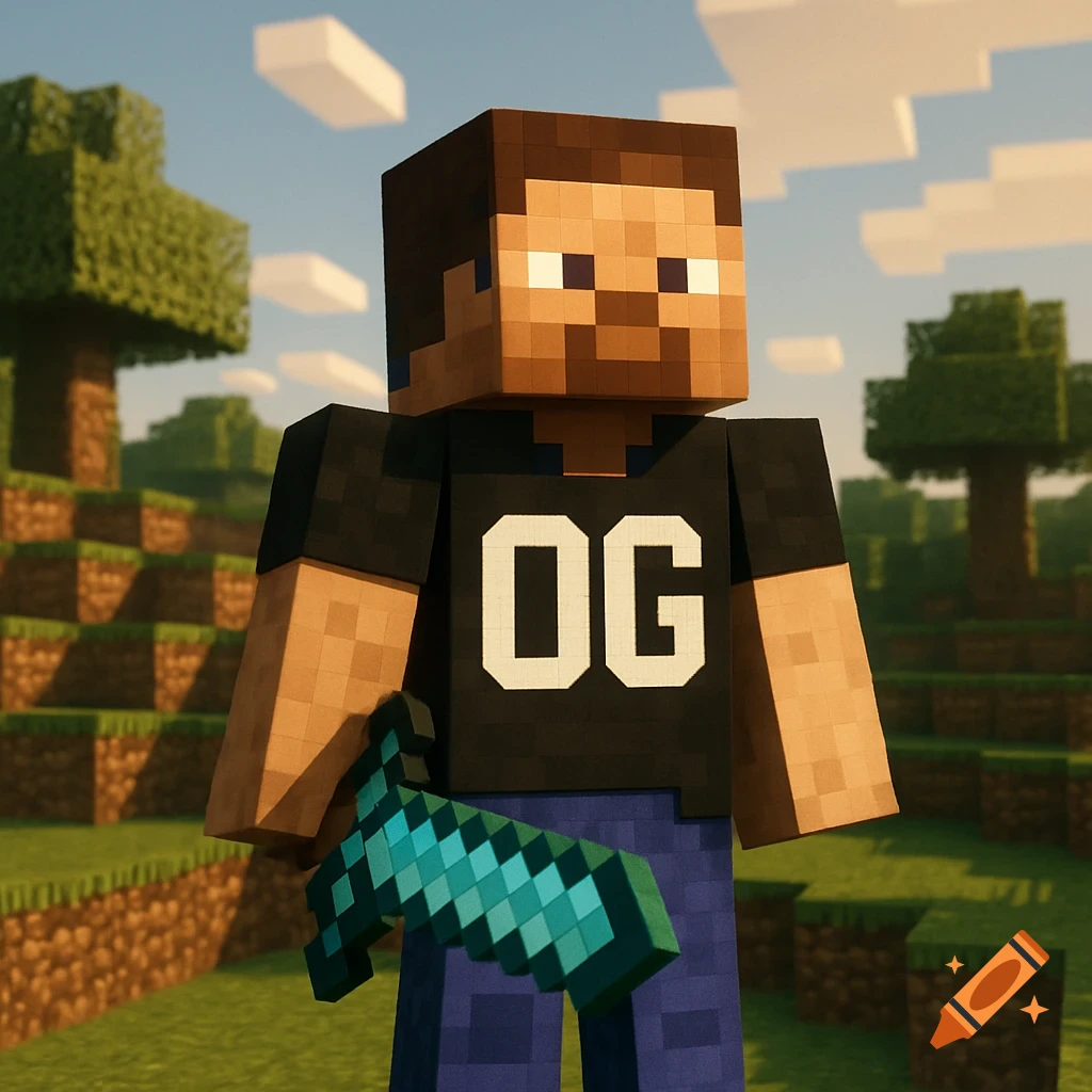 A Minecraft character wearing a black shirt with "OG" on it, holding a sword, standing in a blocky, grassy landscape under a bright sky.
