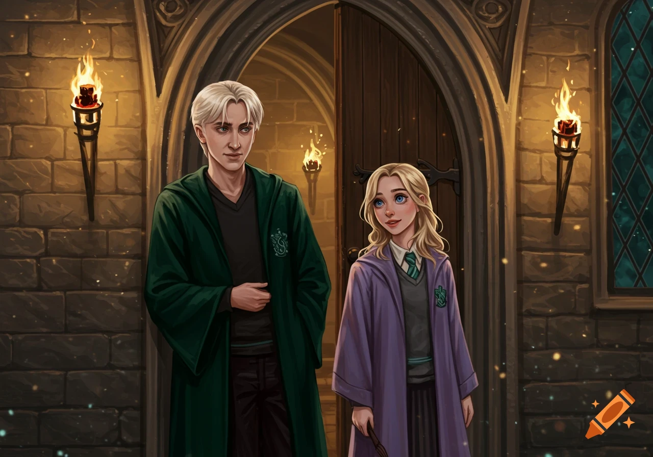 Illustration of Draco Malfoy and a girl in wizard robes standing in a Hogwarts-like castle hallway.