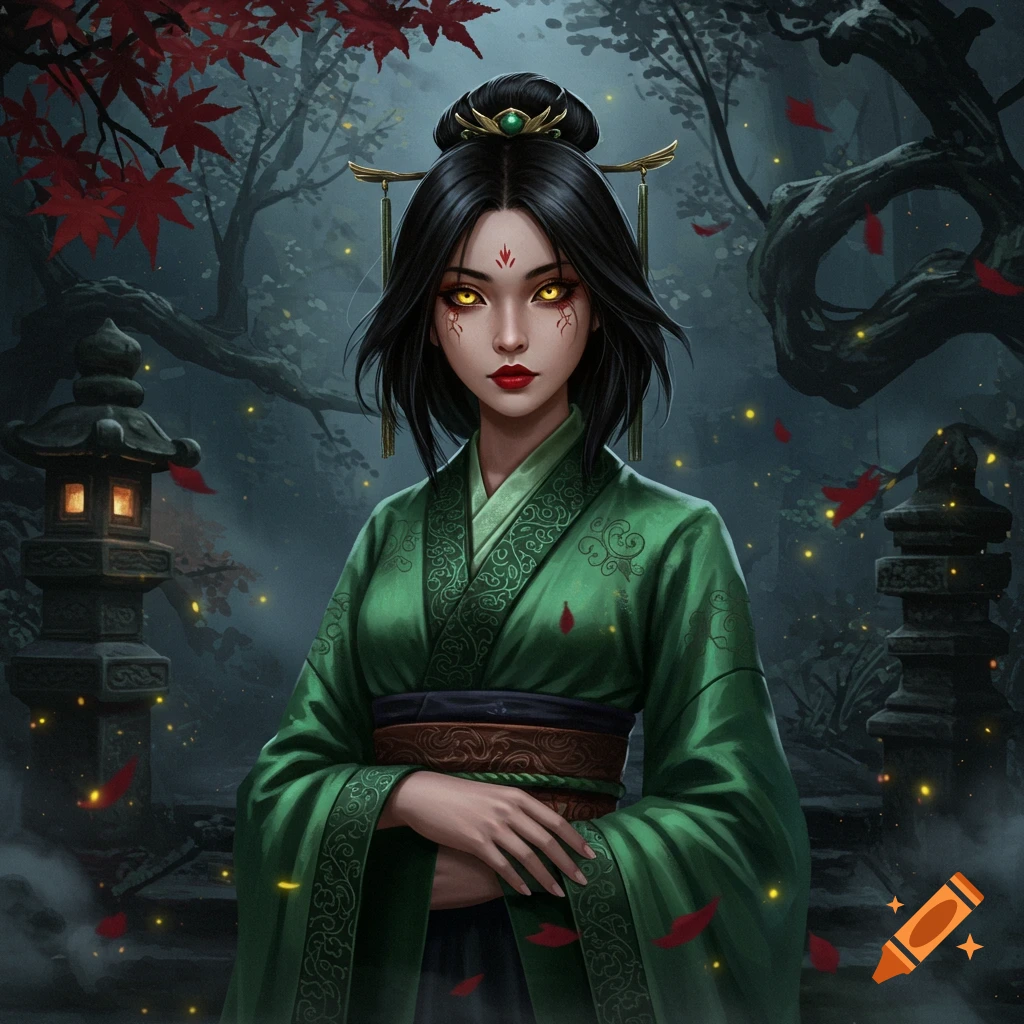 Mysterious Asian woman with golden eyes in a green hanfu in a dark, glowing forest, concept art.