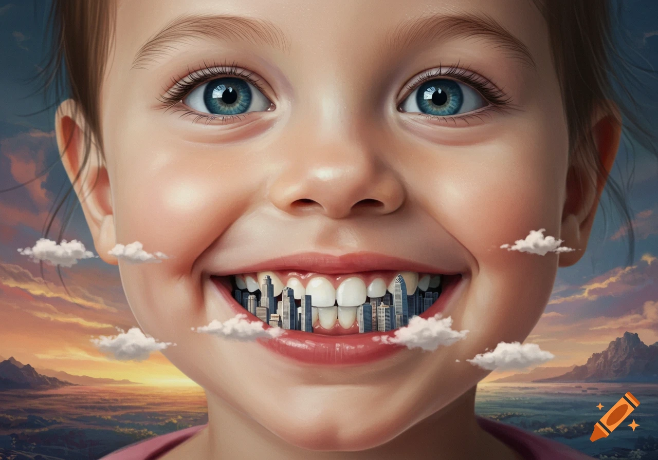 Close-up of a smiling child with a surreal cityscape of buildings for teeth and clouds, set against a sunset landscape.