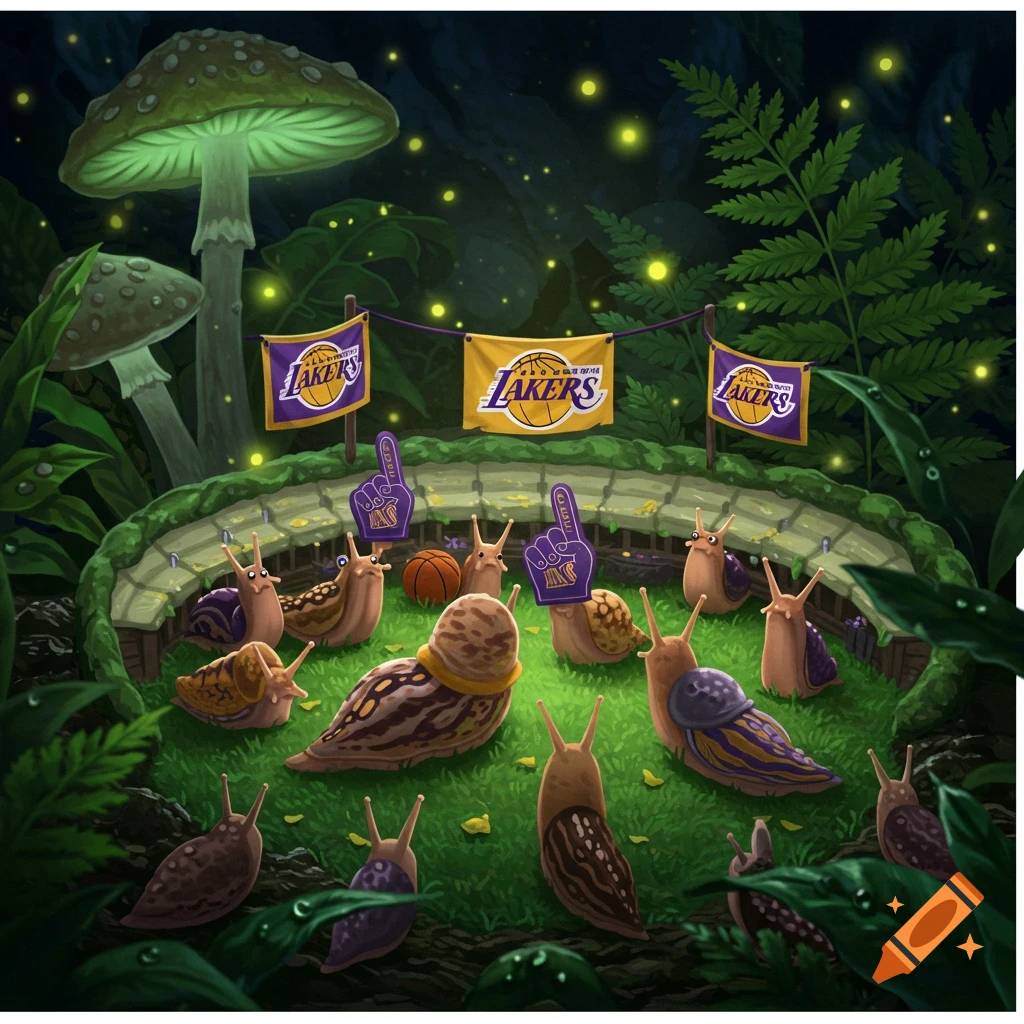 Fantasy illustration of slugs in a mushroom forest cheering for the Lakers basketball team.