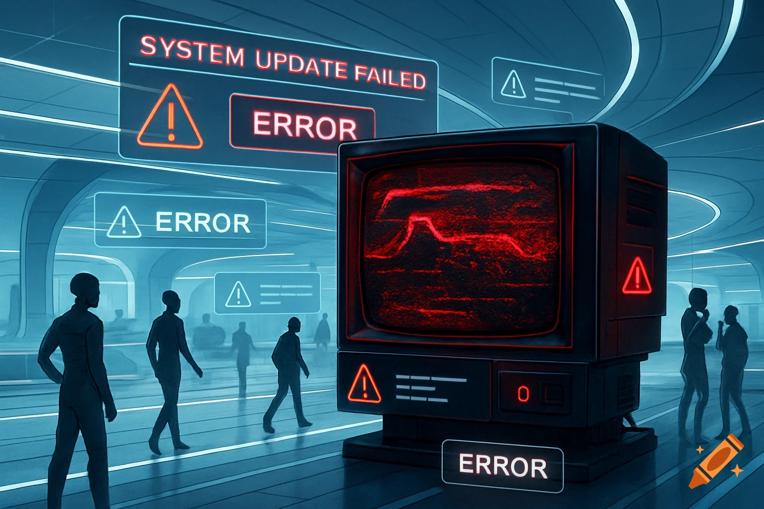 A futuristic scene with a large, glitching red monitor displaying an error. Silhouetted figures walk past warning signs and 'SYSTEM UPDATE FAILED' text.