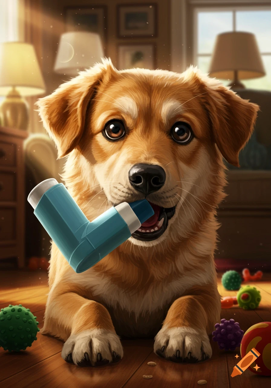 A cute golden dog lies on a wooden floor, holding a blue and white asthma inhaler in its mouth, surrounded by toys.