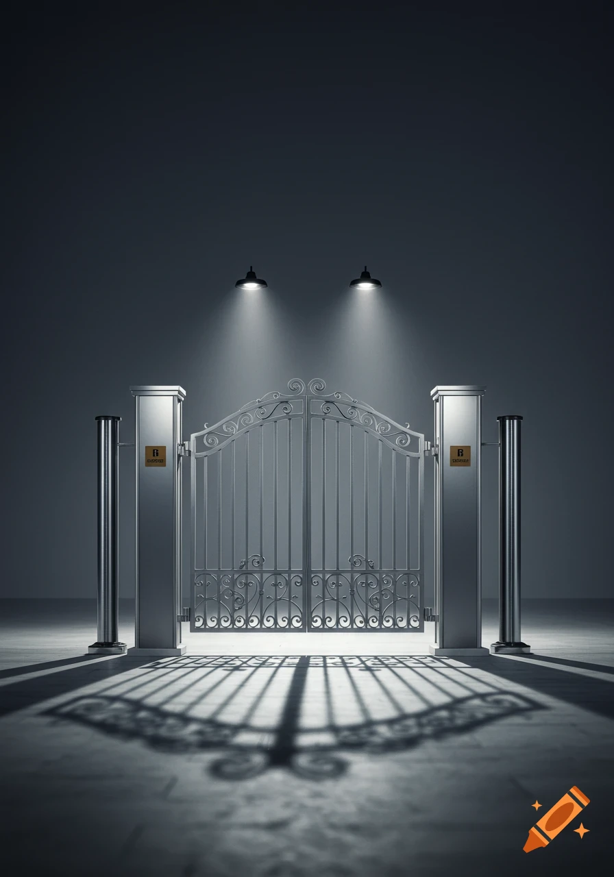 An ornate silver gate with tall silver posts stands under spotlights, casting long shadows on the dark floor.