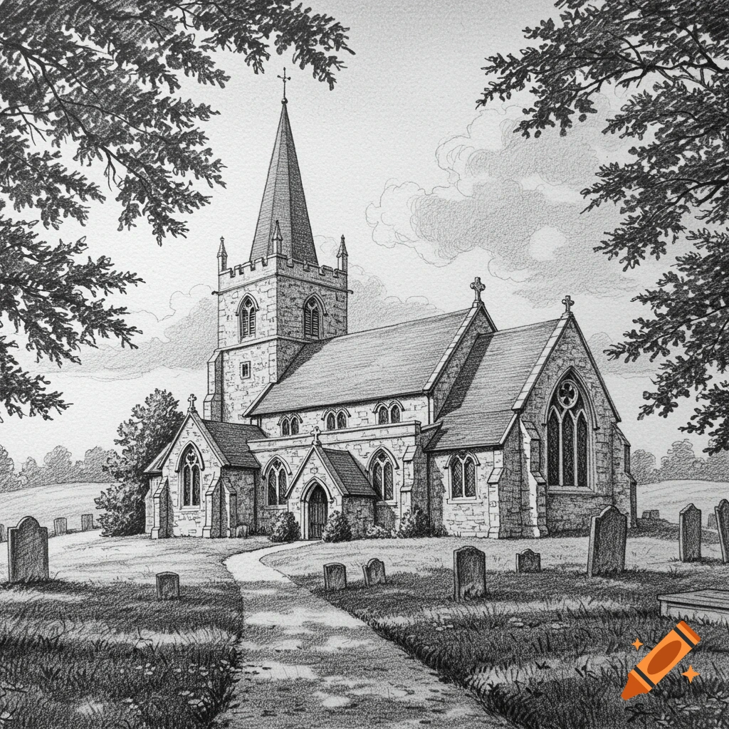 Detailed pencil sketch of a historic church with a tall steeple, surrounded by a graveyard and trees under a cloudy sky.