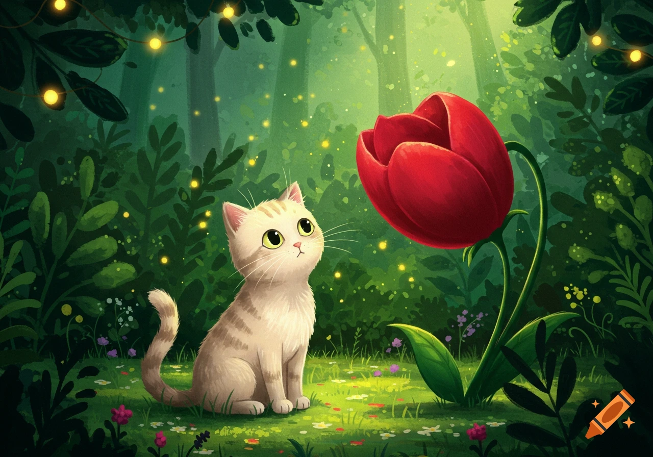 A cute striped cat sits in a magical forest, looking up at a large red tulip with glowing fireflies.