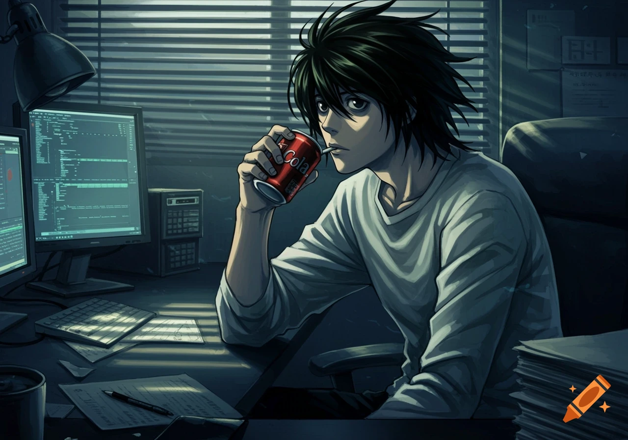 Anime character L Lawliet sitting at a desk, drinking from a red Cola can, in front of computer monitors displaying code.