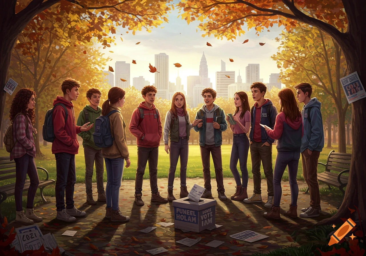 An illustrative scene of a group of young people gathered around a ballot box in an autumn park, with a city skyline behind them.