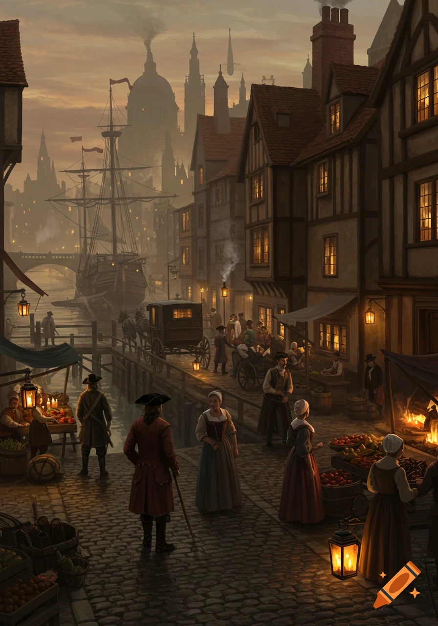 A bustling 17th-century London dockside street at dusk, with period-dressed people, market stalls, a sailing ship, and city skyline.