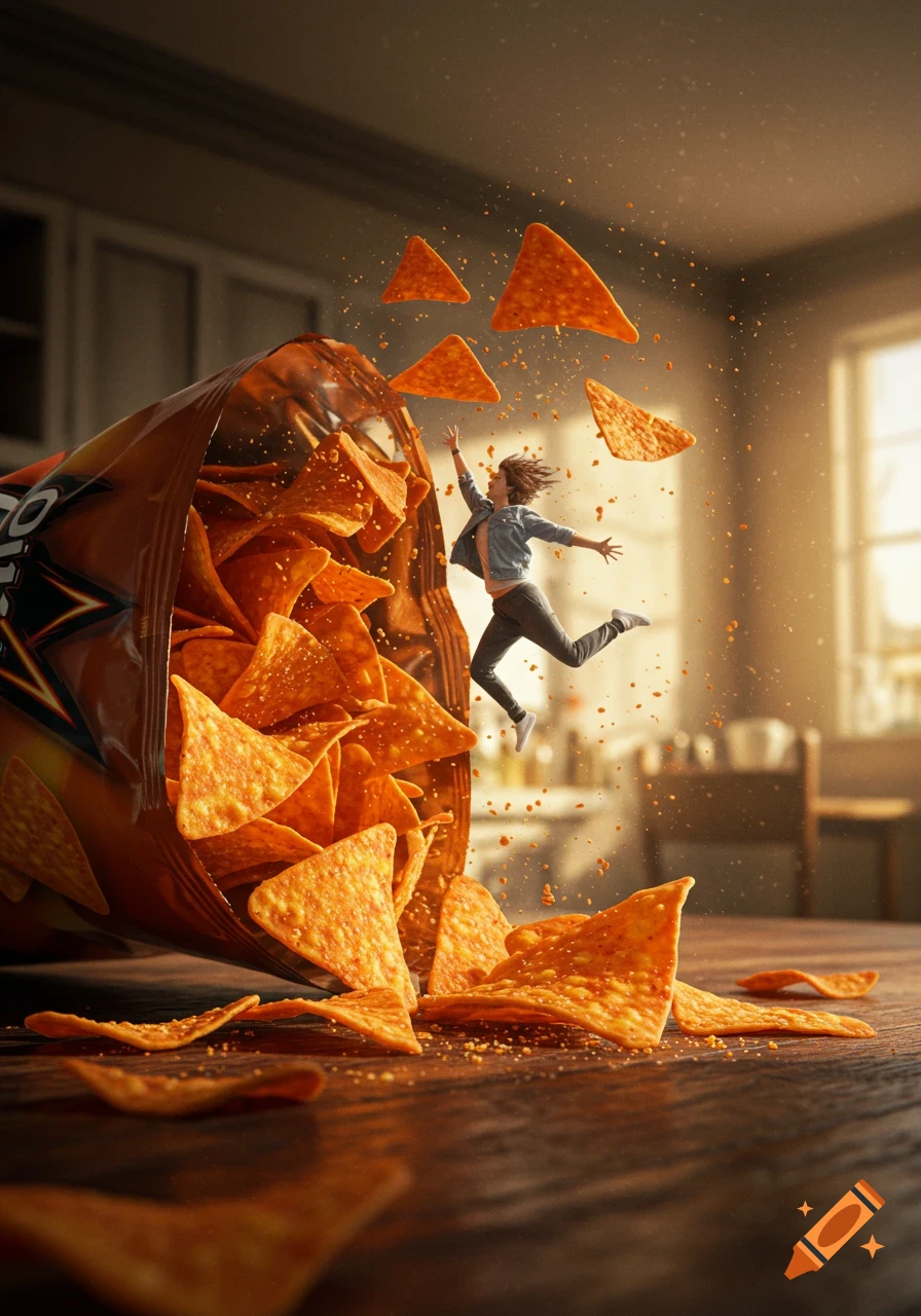 A small person jumps energetically out of a large, spilled bag of Doritos, scattering chips and crumbs across a wooden table.