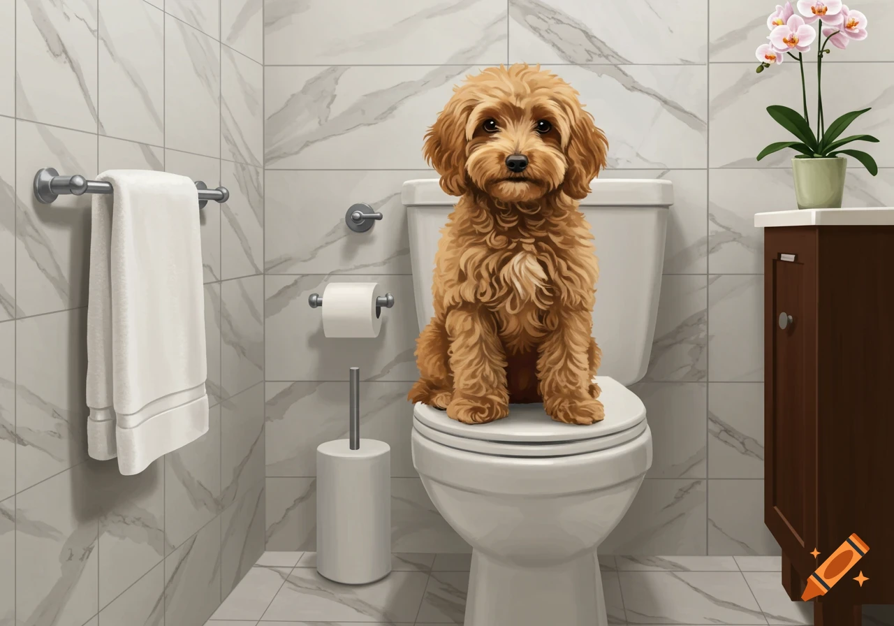 A mini golden doodle dog sitting on a white toilet in a tiled bathroom.