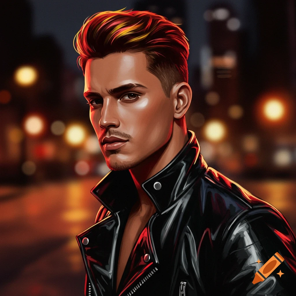 A digital art portrait of a man in a black leather jacket with red and yellow highlighted hair, standing in a city at night.