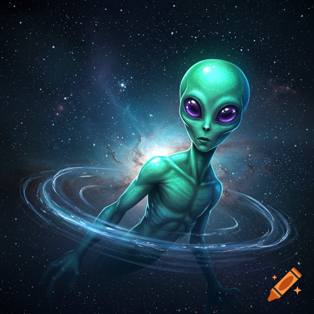 A teal-skinned alien with large purple eyes floats in a star-filled galaxy, surrounded by swirling cosmic energy.