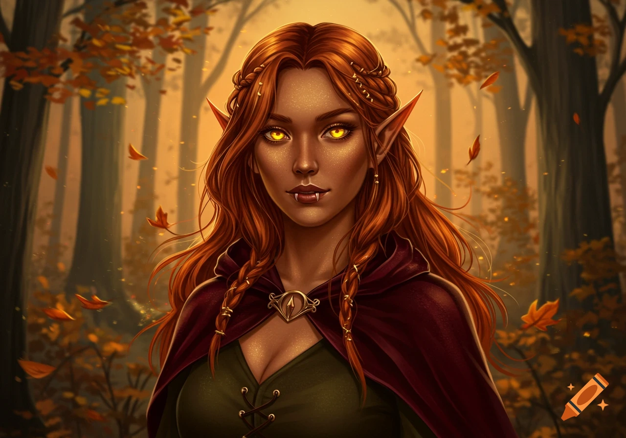 A fantasy portrait of an autumn elf vampire hybrid with long red hair and glowing yellow eyes in a sunlit forest.
