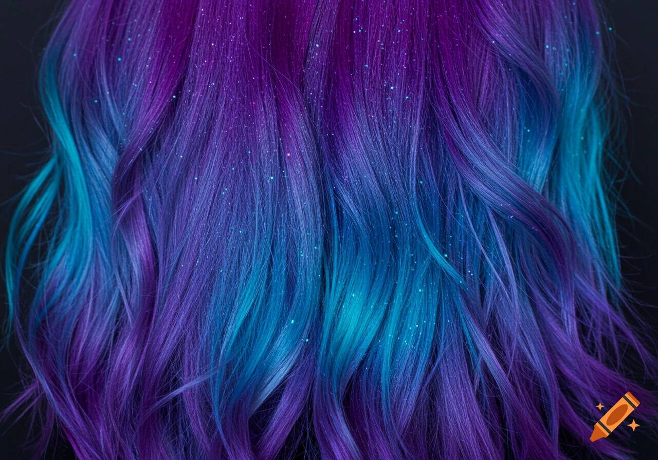 Close-up of wavy purple and teal hair with blue glitter