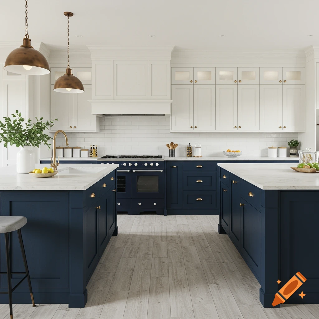 A modern kitchen with white upper cabinets, navy blue lower cabinets, and two islands, featuring light wood floors and cream countertops.