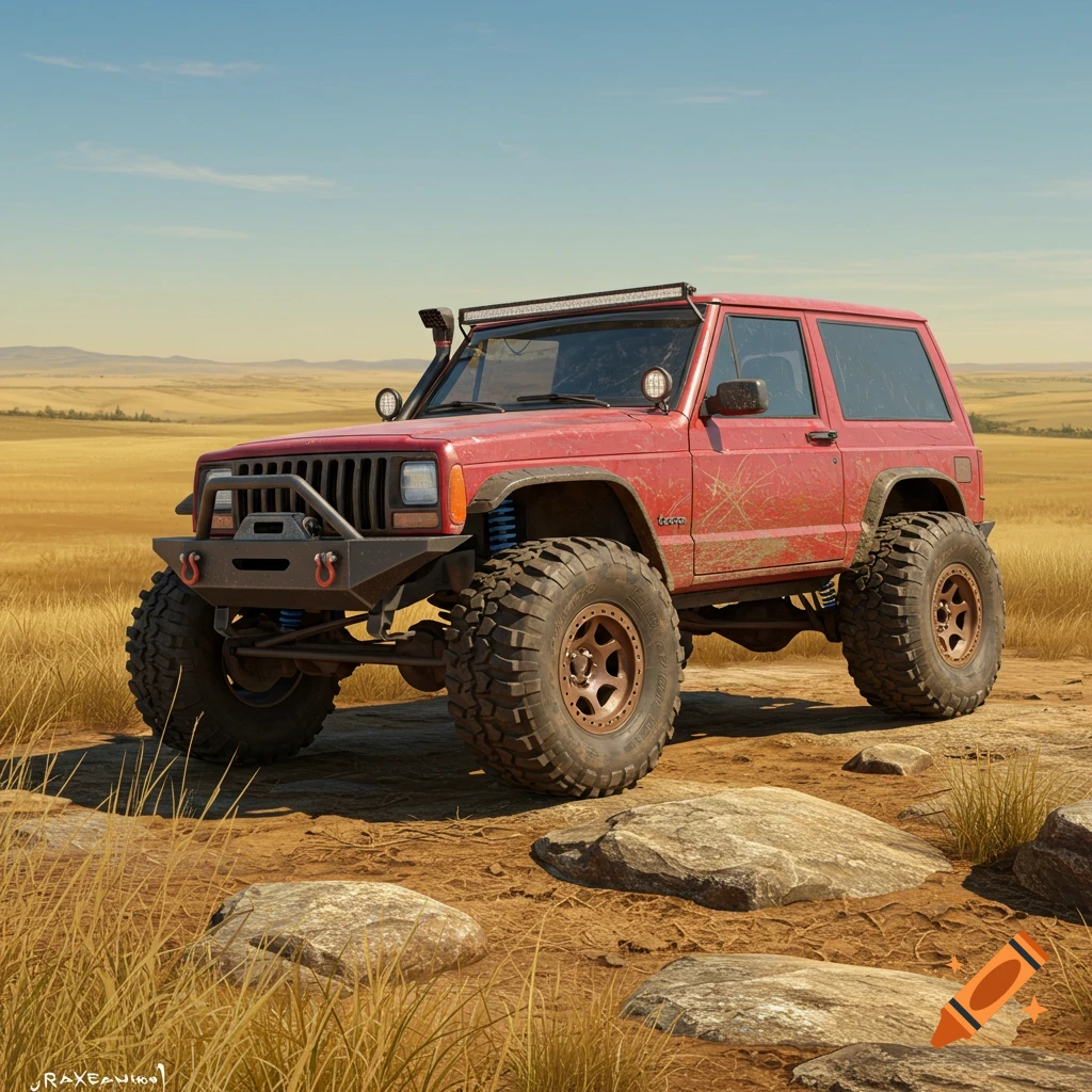 A heavily modified red Jeep on a dirt path with large off-road tires and an aggressive bumper, set in a dry, grassy landscape under a clear sky.