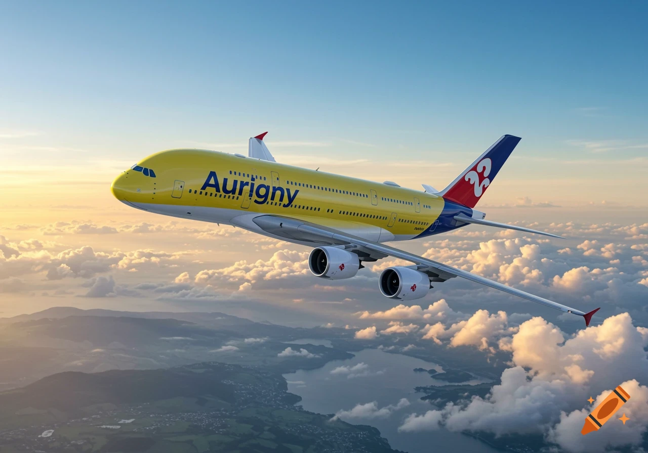 A yellow Airbus A380 in Aurigny livery flies above clouds and a lake at sunset.