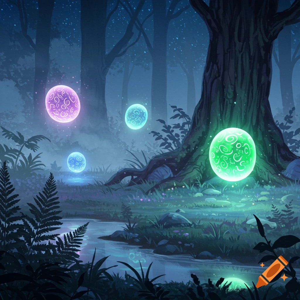 Glowing magical orbs in a mystical, dark forest with a stream, stylized digital painting.