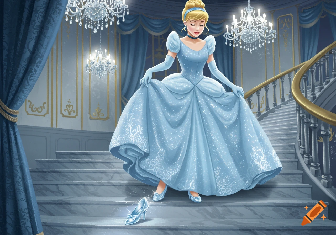 Cartoon illustration of Cinderella in a blue ball gown on a grand staircase, dropping her glass slipper.