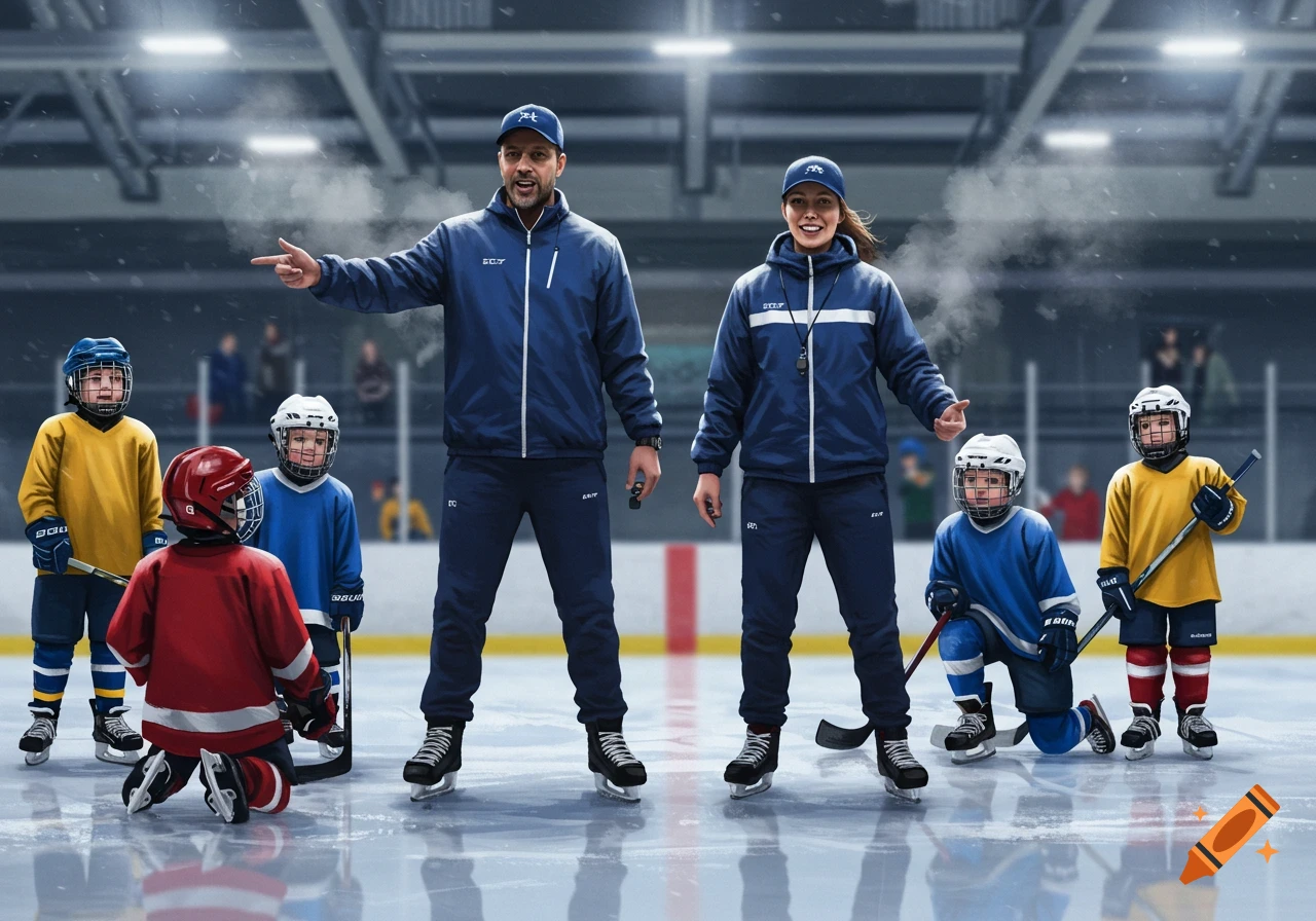 A male and female hockey coach with several young hockey players on an ice rink during practice.