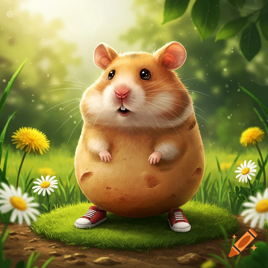 A cute, cartoonish hamster with a potato body and red sneakers stands in a sunny green field.