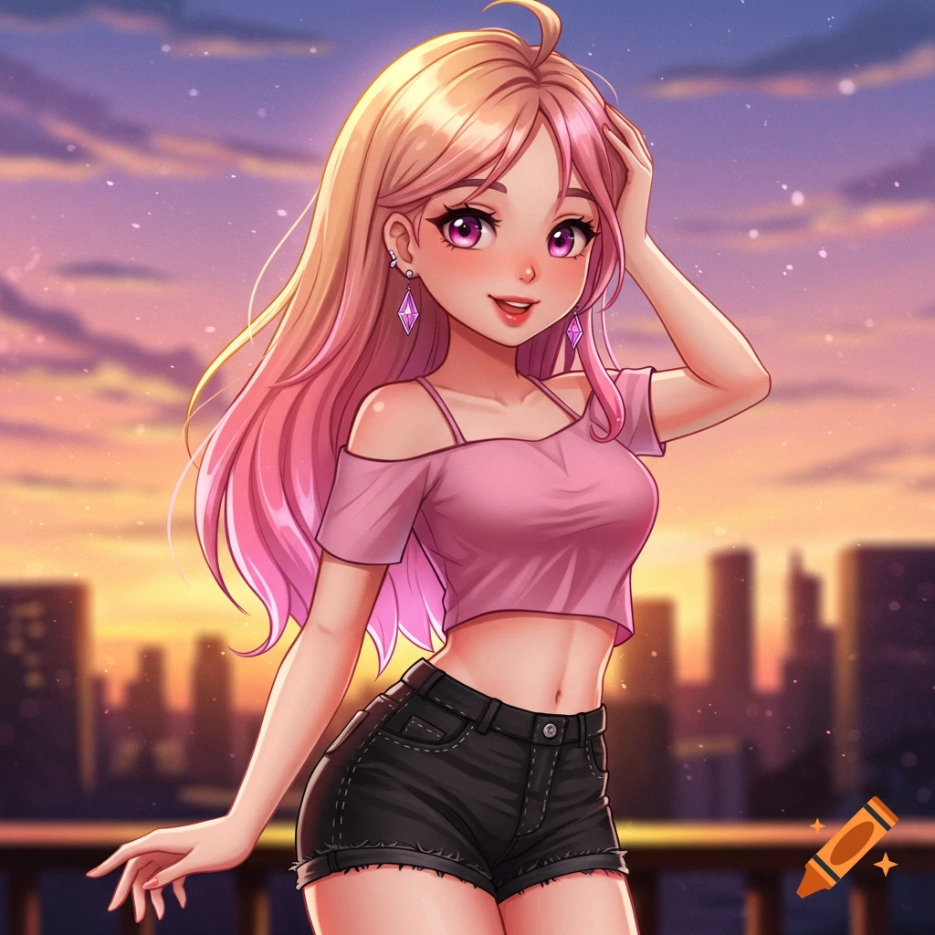 A cute anime girl with blond to pink ombr es hair, a pink crop top, and black shorts, smiling against a sunset city skyline.