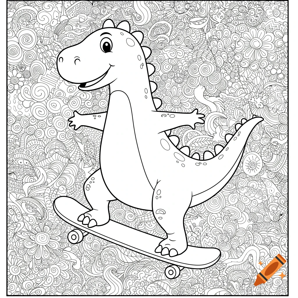 A black and white coloring book illustration of a cartoon dinosaur skateboarding against a detailed floral and swirl background.